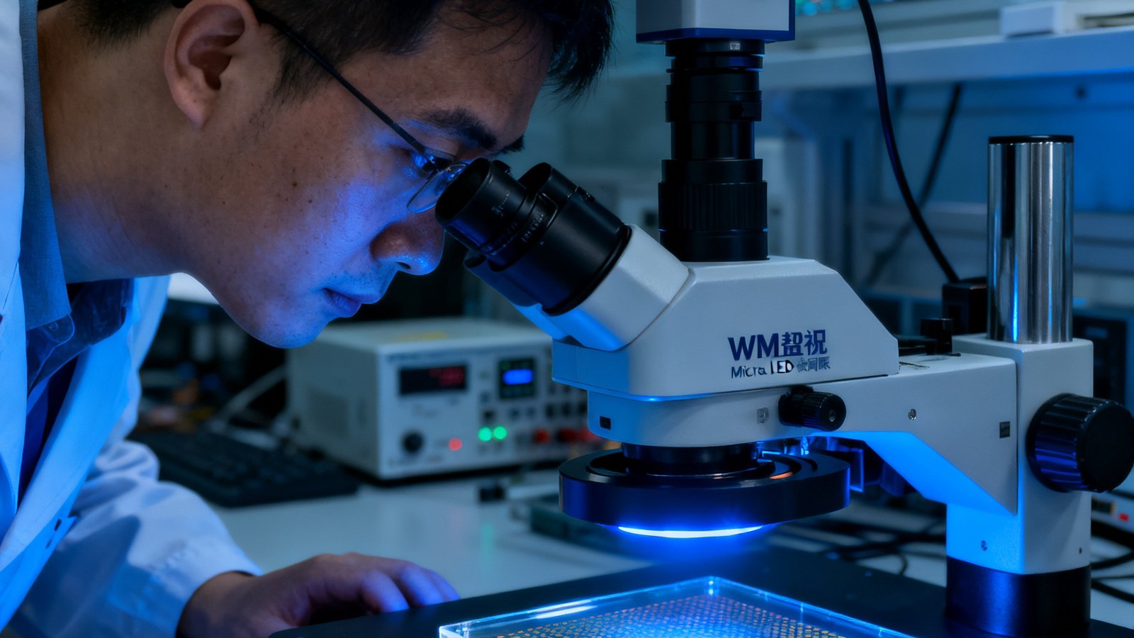 WM视讯研发实验室内，技术人员正在显微镜下检测Micro LED微间距显示样品，蓝光映照在专注的面孔上