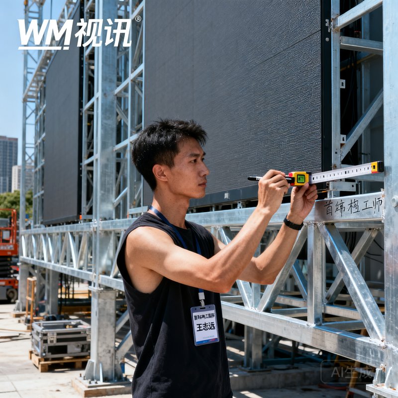 WM视讯首席结构工程师王志远，一位精瘦的男性在户外大屏钢结构框架前进行测量和标注